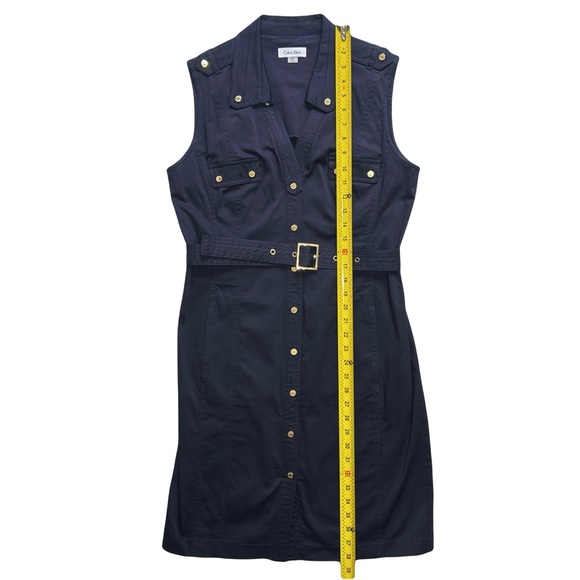 Calvin Klein Shirt Dress Women’s Sz 12 Navy Blue Sleeveless Midi V-Neck Belt - Picture 7 of 12